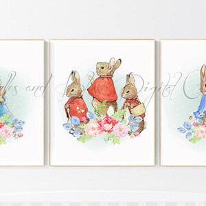 May include: Three watercolour illustrations of Peter Rabbit in different poses. The first image shows Peter Rabbit hugging a smaller rabbit. The second image shows Peter Rabbit standing with two other rabbits. The third image shows Peter Rabbit standing alone. All three images have a floral background.