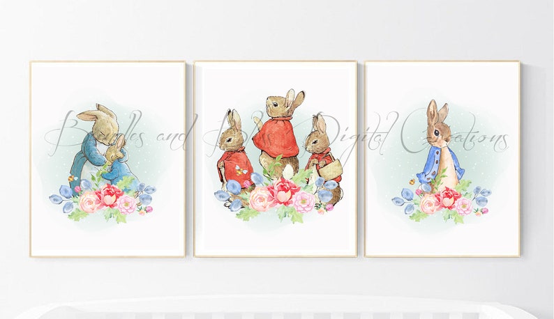 May include: Three watercolour illustrations of Peter Rabbit in different poses. The first image shows Peter Rabbit hugging a smaller rabbit. The second image shows Peter Rabbit standing with two other rabbits. The third image shows Peter Rabbit standing alone. All three images have a floral background.