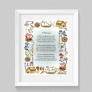 May include: A watercolor illustration of a Viking-themed poem about a friend's love. The poem is surrounded by Viking symbols, including axes, shields, helmets, and boats.
