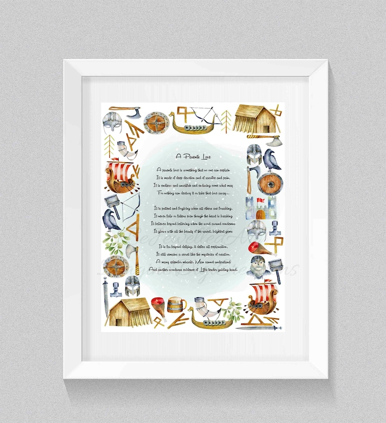 May include: A watercolor illustration of a Viking-themed poem about a friend's love. The poem is surrounded by Viking symbols, including axes, shields, helmets, and boats.