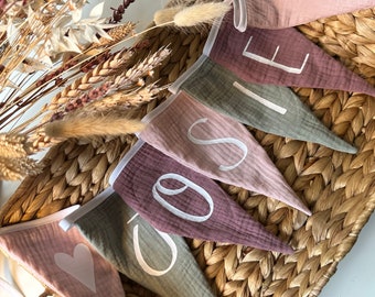Cadena de banderines con nombre, muselina orgánica, decoración habitación infantil, personalizada, accesorios habitación infantil, regalo personalizado, regalo nacimiento, bautizo