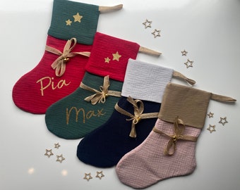 Calcetín de Papá Noel personalizable de muselina orgánica, con nombre, lavable, personalizable, orgánico, temporada de Adviento, Navidad, decoración navideña