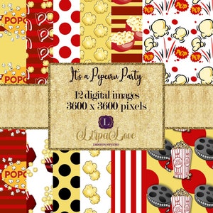 To cyfrowy papier Popcorn Party. Uroczy pakiet dekoracyjnego popcornu i tła filmowego oraz kolorowe wzory w kolorze czerwonym, żółtym, czarnym i białym