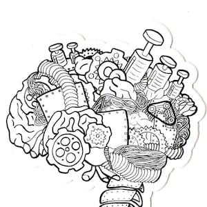 Steampunk Brain Vinyl Sticker 4 in black and white
