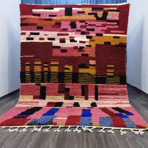 Hand-Knotted Wool Berber Rug: Colorful Abstract Design