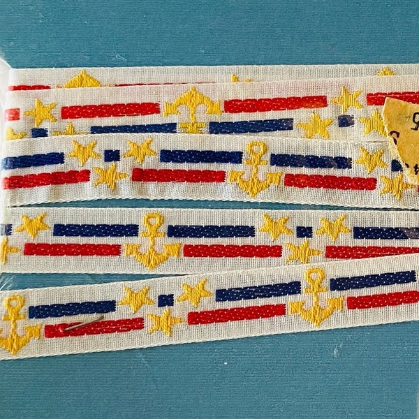 Vintage Trim 2 Yards Sailor Anchor Stars Stripes Sears 60s Mid Century Sewing Crafts Embroidered