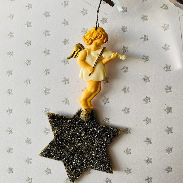 Vintage Angel Christmas Ornament 1950's Glitter Star Celluloid Playing Violin Germany