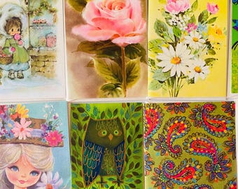 60s 70s Blank Note Cards 9 Pc Vintage Floral, Owl, Paisley, Girls, Roses + Envelopes