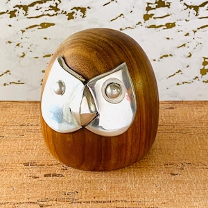 May include: A wooden owl figurine with silver eyes and beak. The owl is carved from a dark brown wood and has a smooth finish.