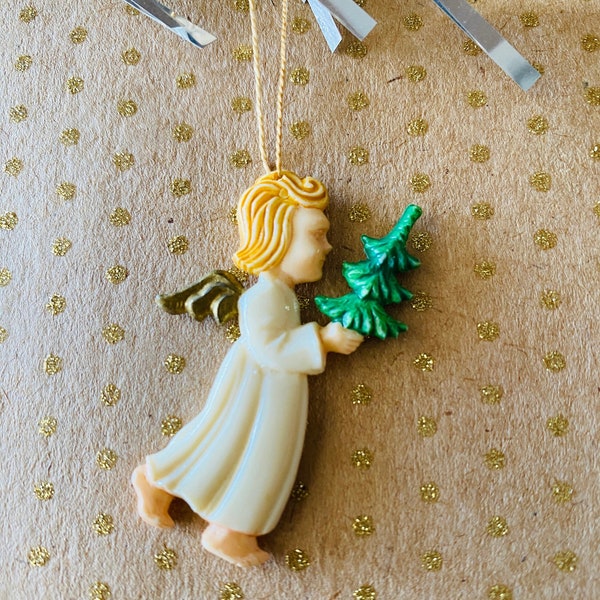 Vintage Angel Christmas Ornament 1950's Glitter Star Celluloid Holding Tree Germany