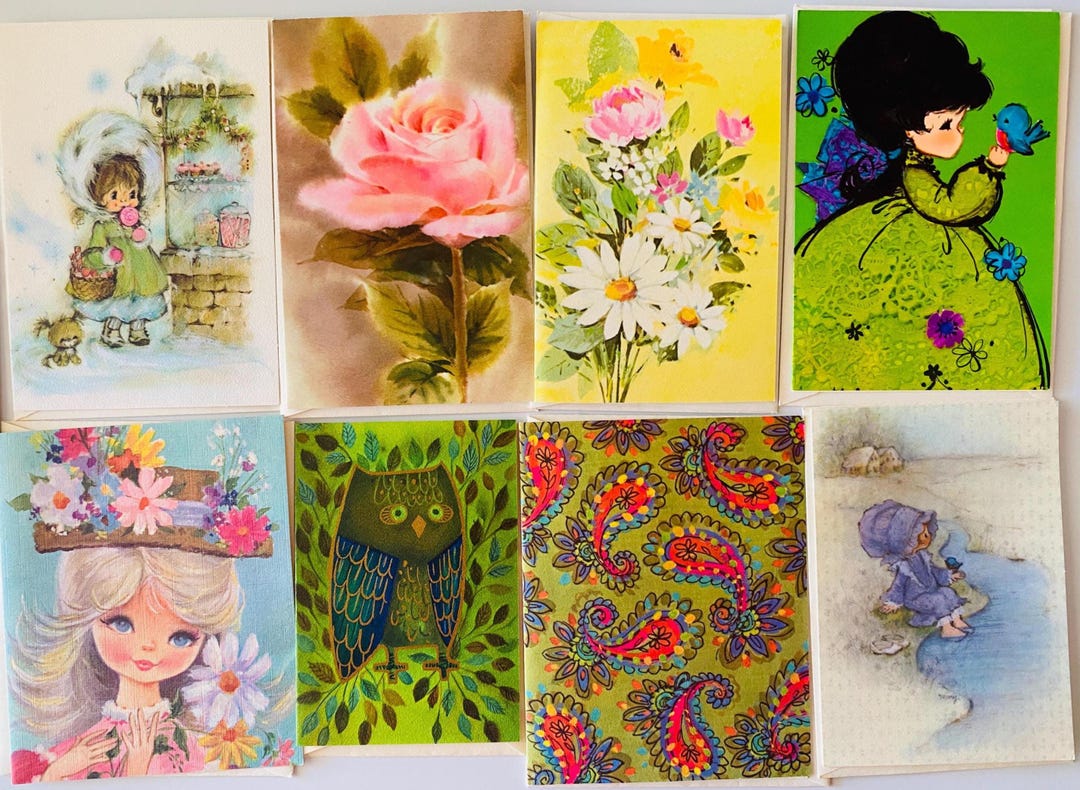 60s 70s Blank Note Cards 9 Pc Vintage Floral, Owl, Paisley, Girls ...