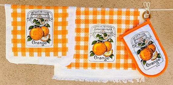 Vintage Orange Fruit Mason Jar Checkered Kitchen Towel, Dishcloth, Apron, Oven Mitt *Your Choice* 80's Bright Color