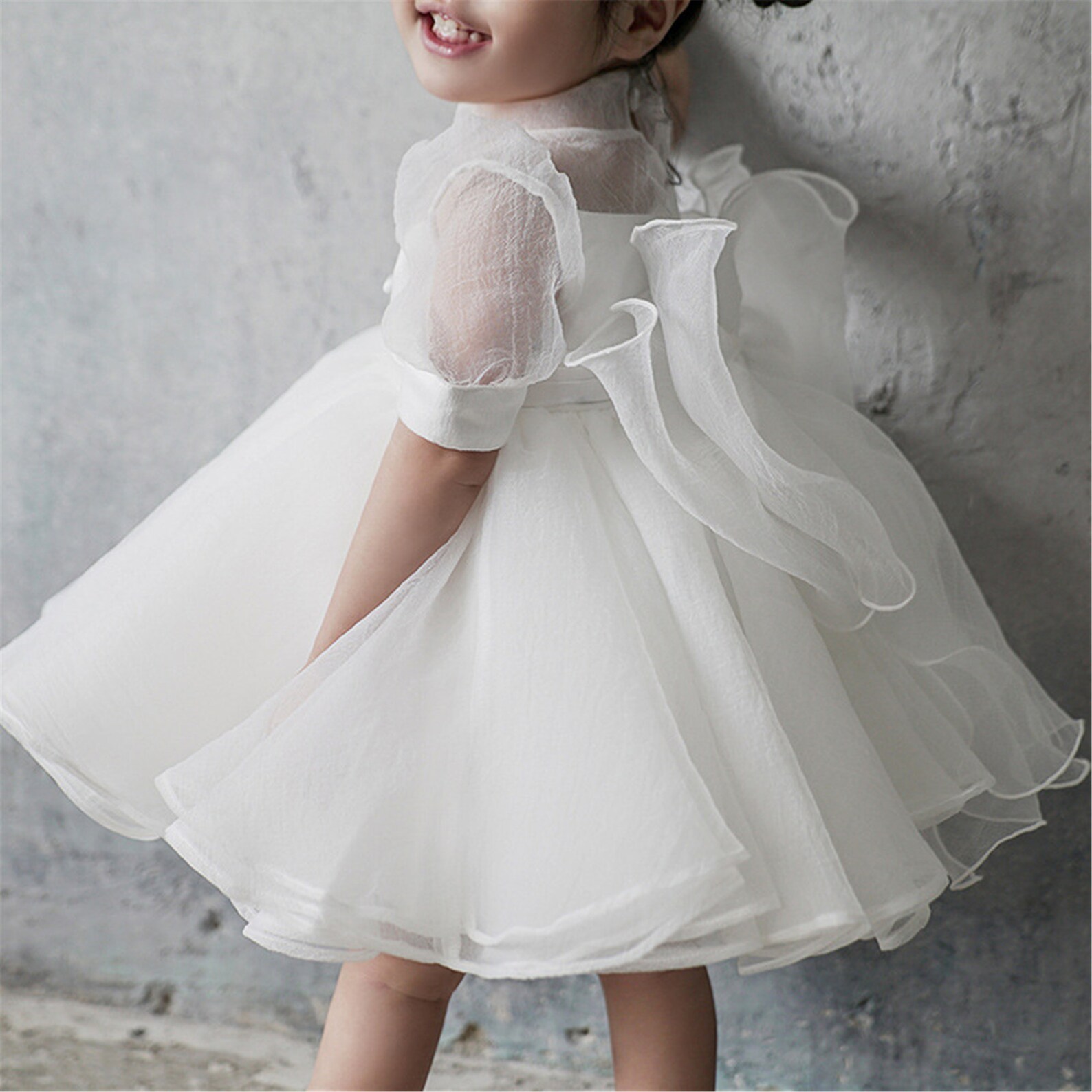 White flower girl dress Tulle dress Puff sleeves dress Bowknot Etsy
