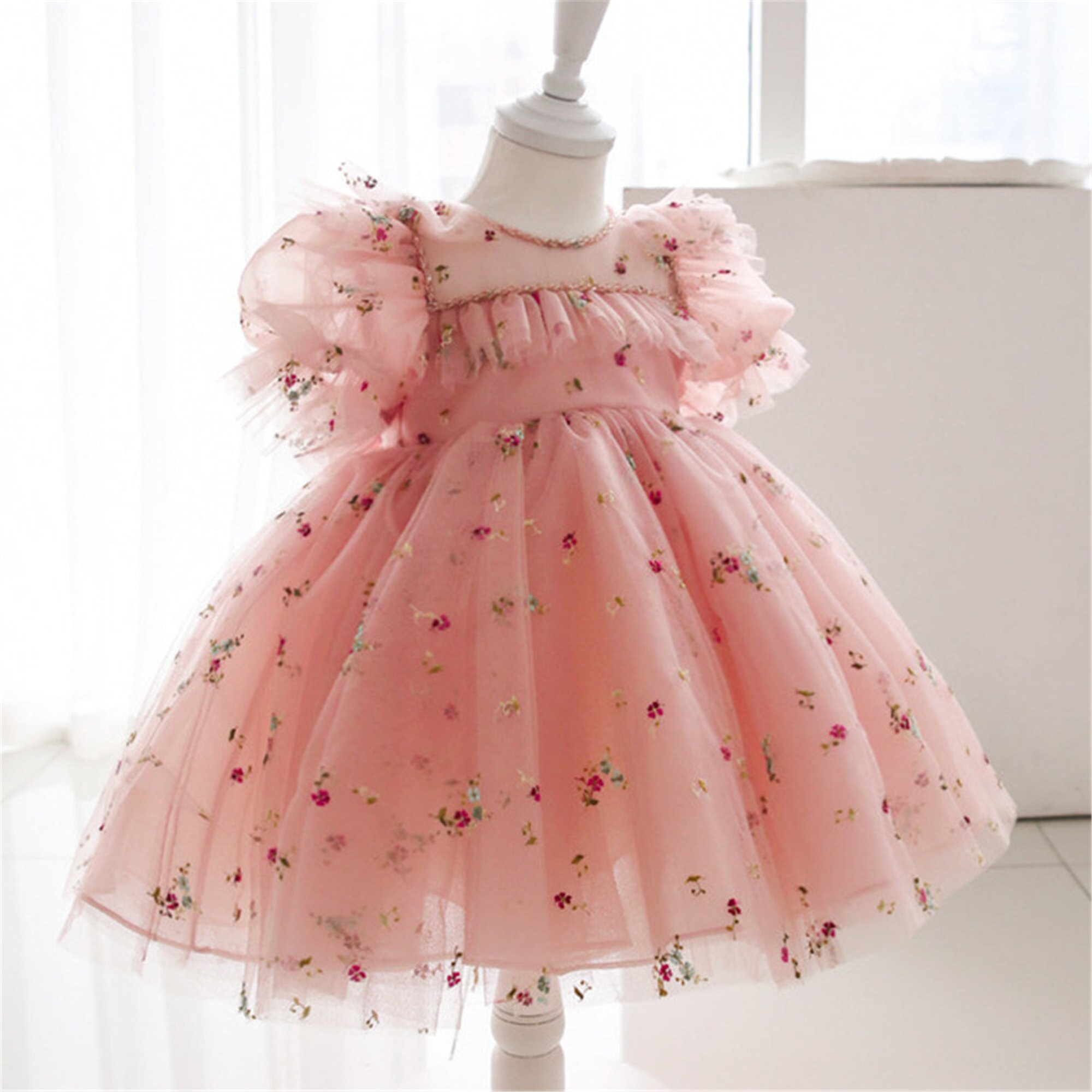Peach pink flower girl dress Embroidered floral girl dress Etsy