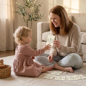Op de afbeelding: Een vrouw en een peuter spelen met alfabetkaarten op een vloerkleed. De kaarten zijn crèmekleurig met groene botanische illustraties en letters. Een gevlochten mand met een houten stapelspeelgoed staat in de buurt. De vrouw houdt een kaart met de letter "B" vast.