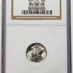 May include: A 1941-D 10c Mercury Dime graded MS66 FB by the Numismatic Guaranty Corporation. The coin is in a plastic slab with a black and white barcode.