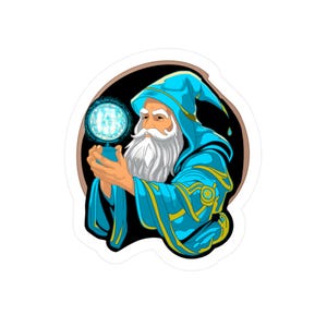 Vinyl Decal, Azure Wizard Ponders, Laptop Sticker, Car Decal, Magical Fantasy Art, Window Cling