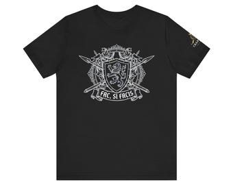 Heraldic Lion Crest T-Shirt | Medieval Shield, Swords, Latin Motto