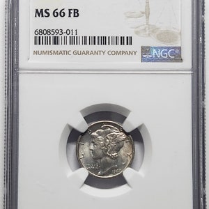 May include: A 1942-D Mercury Dime graded MS 66 FB by the Numismatic Guaranty Corporation (NGC). The coin is encased in a clear plastic slab with a white label.