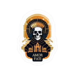 May include: A sticker featuring a stylized skull wearing sunglasses and a decorative headdress, set against a golden arch and architectural elements. The phrase "AMOR FATI" is printed in white at the bottom.