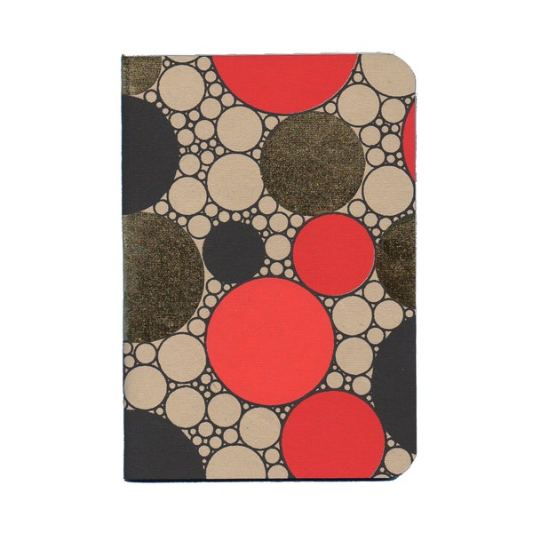 Circles screen printed pocket notebook | Handmade travel journal/mini sketchbook | 40 pages | Gold/Black/Red