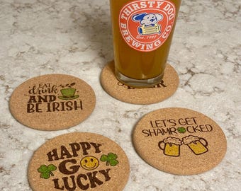 Irish-Themed Coasters | Set of 4 Cork Coasters | Optional Coaster Holder | St. Patrick's Day