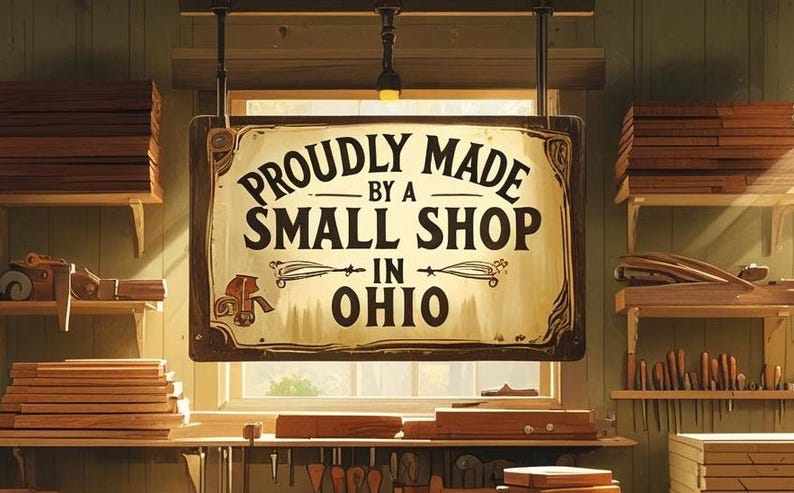 May include: A sign reading "Proudly Made by a Small Shop in Ohio" hangs in a workshop. The sign is brown with black lettering. Shelves hold stacks of wood and tools.