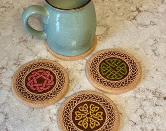 Celtic Knot Coasters | Set of 4 Cork Coasters | Optional Coaster Holder