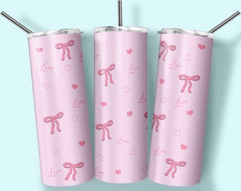 Coquette Tumbler Design, Mjuk Rosa Rosett, 20oz Tumbler Design, Sublimeringsdesigner, Bandmönster, Hjärtan, Kärlek, Digital Nedladdning
