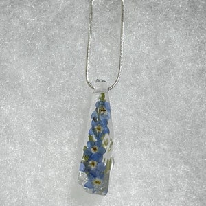 Crystal shape resin pendant with real forget me not flowers/ silver plated chain necklace length of your choice/ Unique handmade jewelry