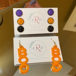 Halloween orange, purple and black circular studs with dangle &quot;BOO&quot; earrings