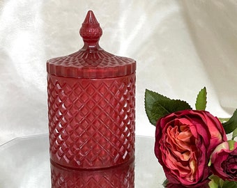 Vintage style red diamond cut container and lid/ candy dish/jewelry or trinket dish