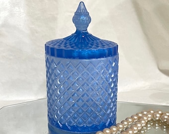 Blue Diamond Cut Trinket Dish with Lid: Vintage Style Vanity Container