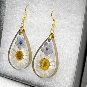 Real Daisy Teardrop Dangle Earrings: Gold Tone, Forget-Me-Nots