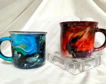 12 ounce ceramic coffee or tea mugs/ blue is sold….red is available /unique and one of a kind/ art by hand