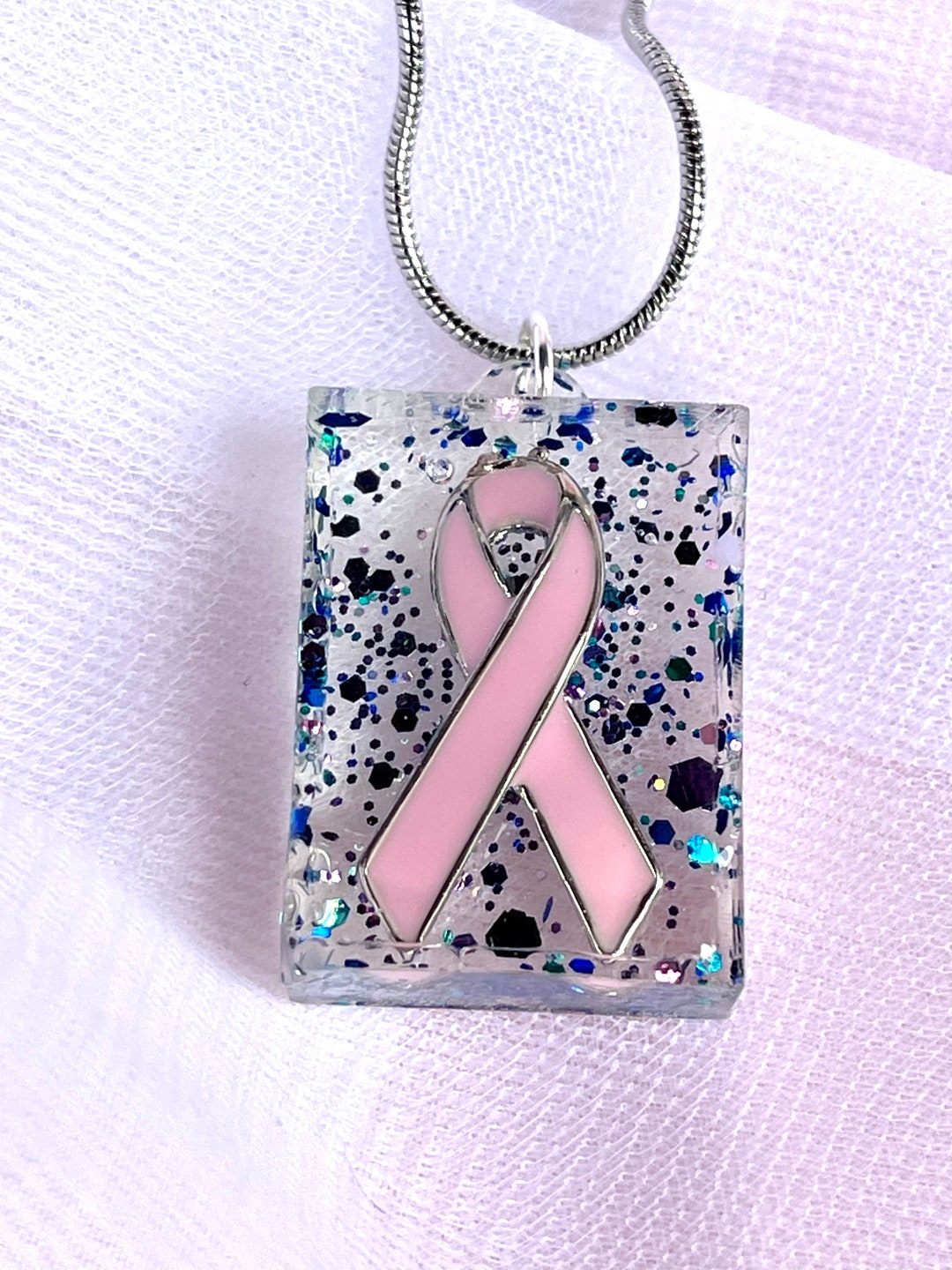 Pink Ribbon Necklace Set in Clear Resin With Flakes of Dark Etsy