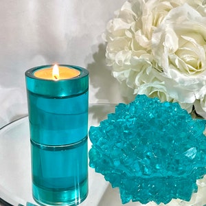 Teal dahlia with matching tea light home decor/ Home or office decor