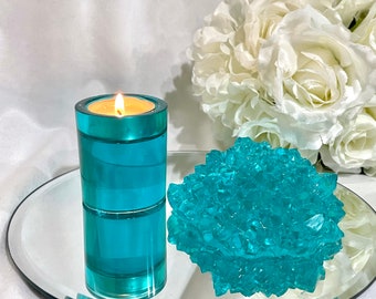 Teal dahlia with matching tea light home decor/ Home or office decor