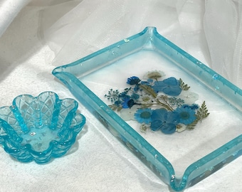 Rectangle turquoise decorative tray with real wildflowers/multifunctional for home or office