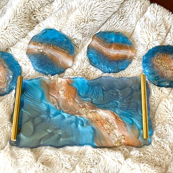 Geode agate style resin tray with handles/perfume, vanity, serving or decorative tray/matching coasters (two types)/matching hexagon box