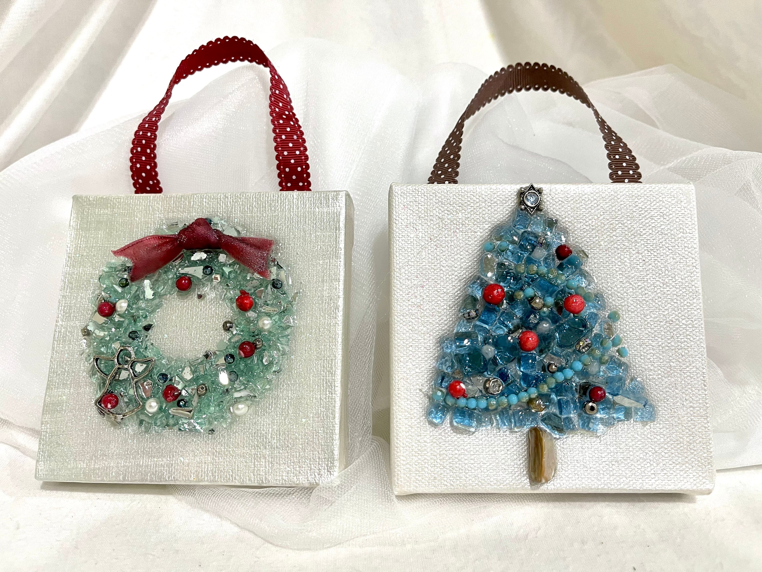 Handmade crushed glass Christmas ornaments on canvas/ two styles wreath or tree/ gift for friend, coworker or family