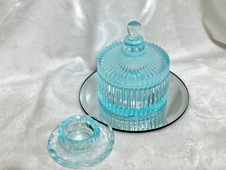 Icy blue vintage style circular dish with lid/ accent for bathroom vanity, bedroom dresser/nightstand or small candy dish/home or office 