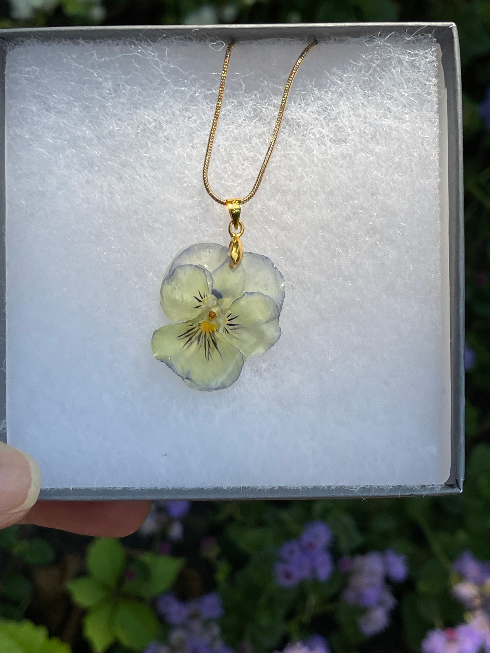 Real pansy pendant necklace on gold plated chain Etsy