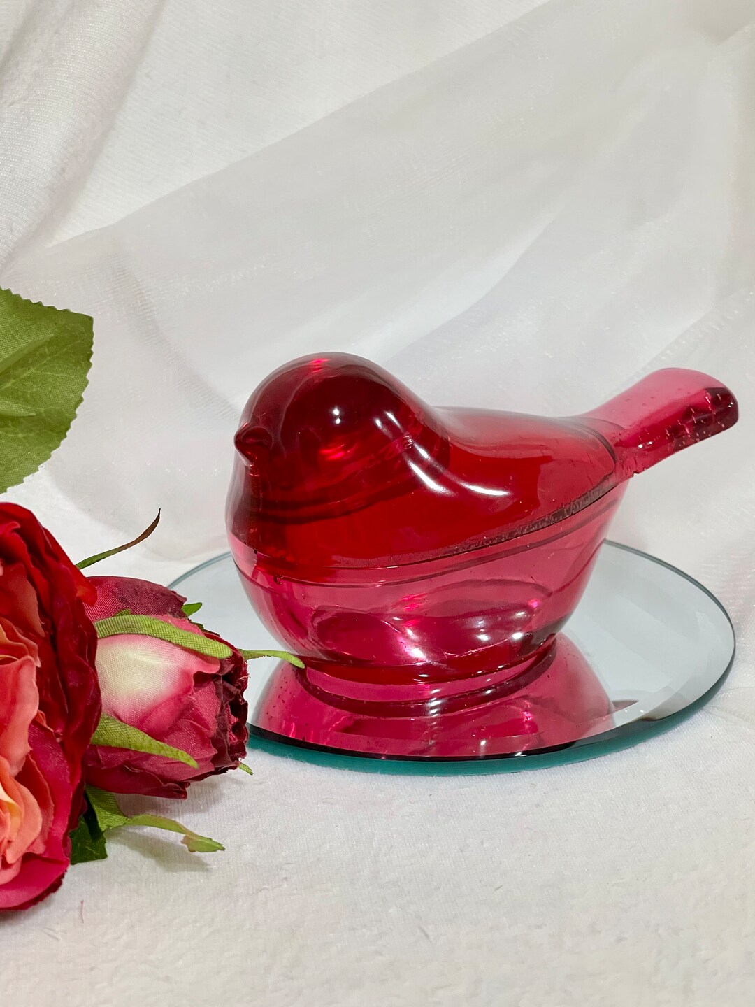 Ruby Red Bird Dish With Lid/holds Jewelry or Trinkets/ Holiday Home or