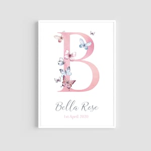 Impresión personalizada con el nombre de las niñas, Arte de pared de mariposas, Impresiones iniciales, Impresiones de nacimiento, Decoración de guardería, Impresiones de mariposas, Regalo de bebé, Dormitorio de niñas