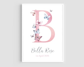 Personalised Girls Name Print, Butterfly Wall Art, Initial Prints, Birth Prints, Nursery Decor, Butterfly Prints, Baby Gift, Girls Bedroom