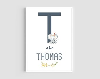 Personalised Nursery Prints, Boys Initial Prints, Safari Animals Wall Art, Elephant Wall Art, Baby Animal Prints, Nursery Decor, Baby Gift