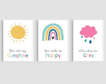 You Are My Sunshine Prints | Set of 3 Rainbow Prints | Rainbow Nursery Decor | Kids Bedroom Wall Art | Cloud Wall Art | Nursery Decor