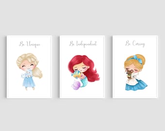 Princess Prints, Set of 3 4 or 6, Princess Nursery Prints, Princess Wall Art, Princess Decor, Girls Wall Art, Girls Bedroom, Nursery Art