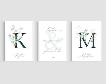 Couple Name Prints, Eucalyptus Prints, Initial Prints, Set of 3 Prints, Together Is Our Favourite Place To Be, Home Decor, Home Gift, Quotes